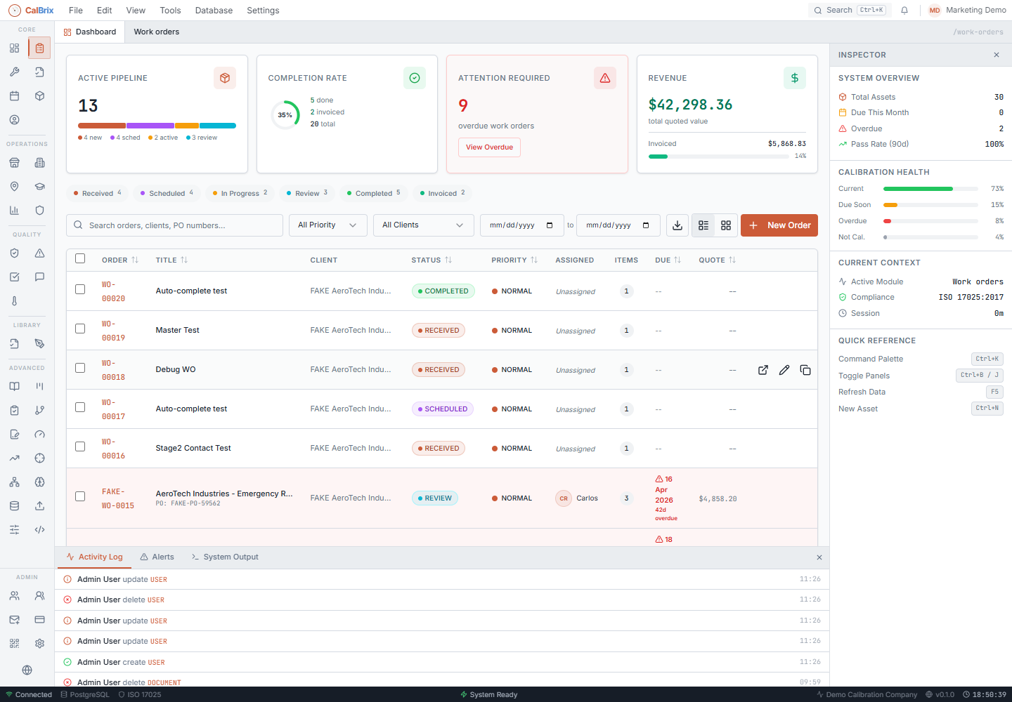 Work order pipeline screenshot from the CalBrix live lab workspace